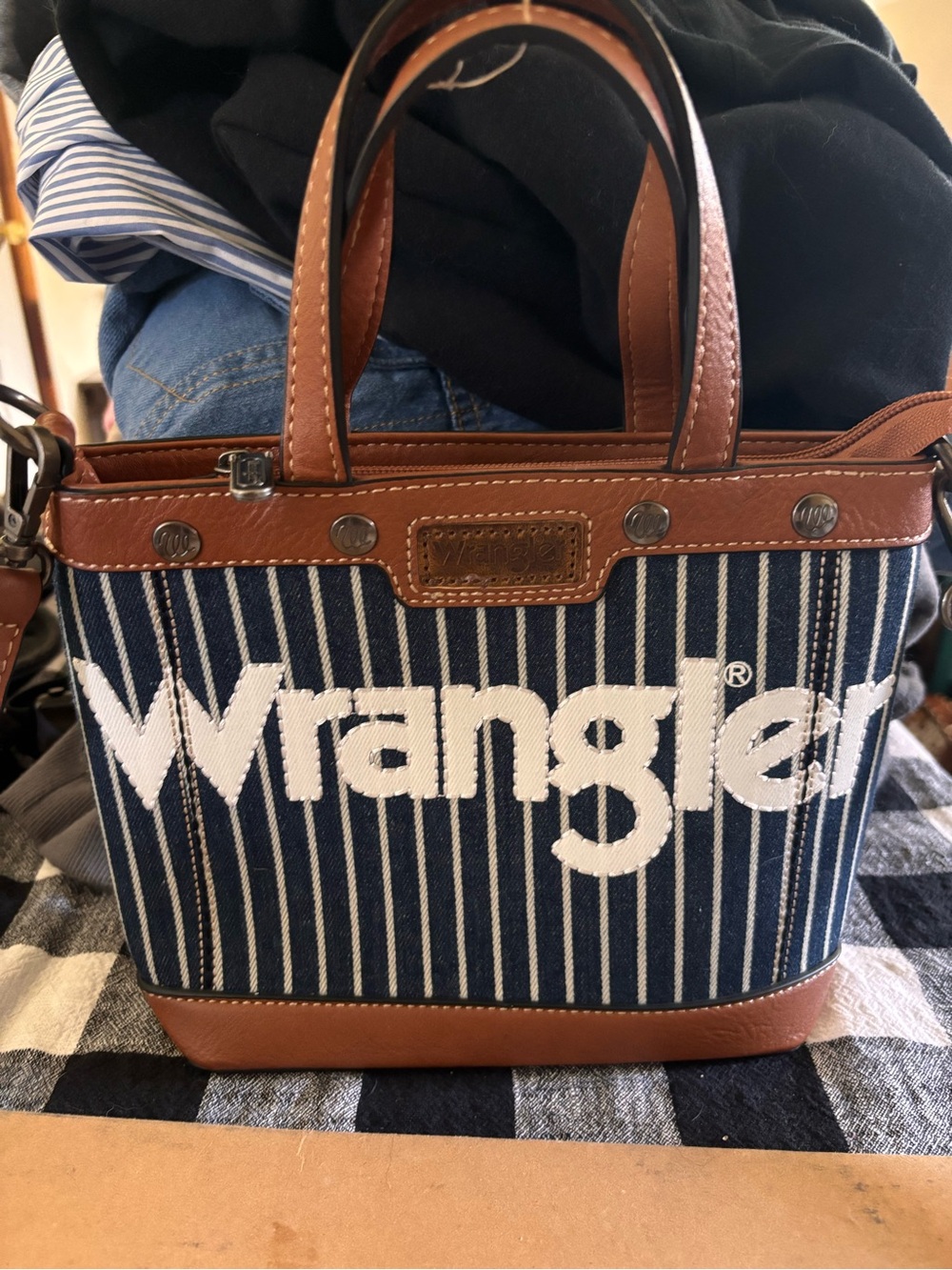 Wrangler Navy and Brown Striped Canvas Tote
